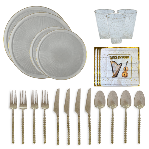 חבילת אירוח מהודרת לסוכות 10 סועדים - שחור שקוף פס זהב