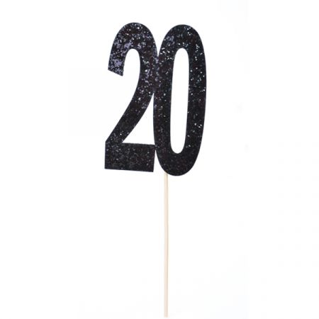 טופר לעוגה יום הולדת 20 - שחור גליטר