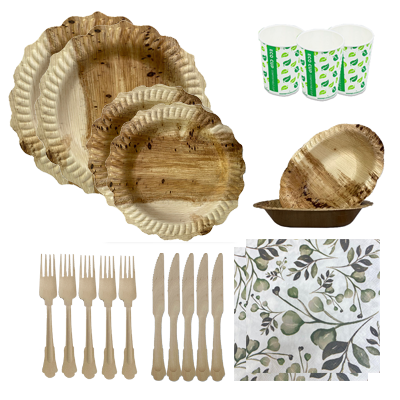 חבילת אירוח מתכלה מעץ דגם פרח ל-16 סועדים