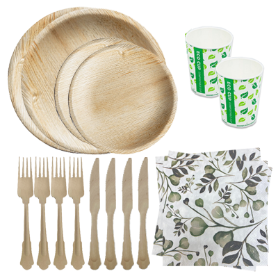 חבילת אירוח מתכלה מעץ עגול ל-20 סועדים