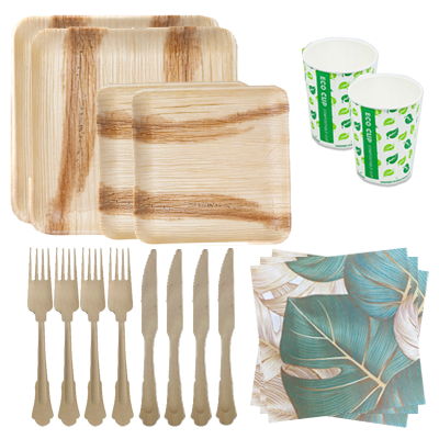 חבילת אירוח מתכלה מעץ מרובע ל-20 סועדים