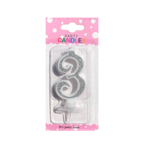 נר יום הולדת מעוצב מספר 3 - כסף