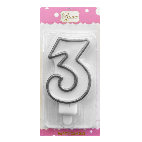 נר יום הולדת מספר 3 + מסגרת - כסף