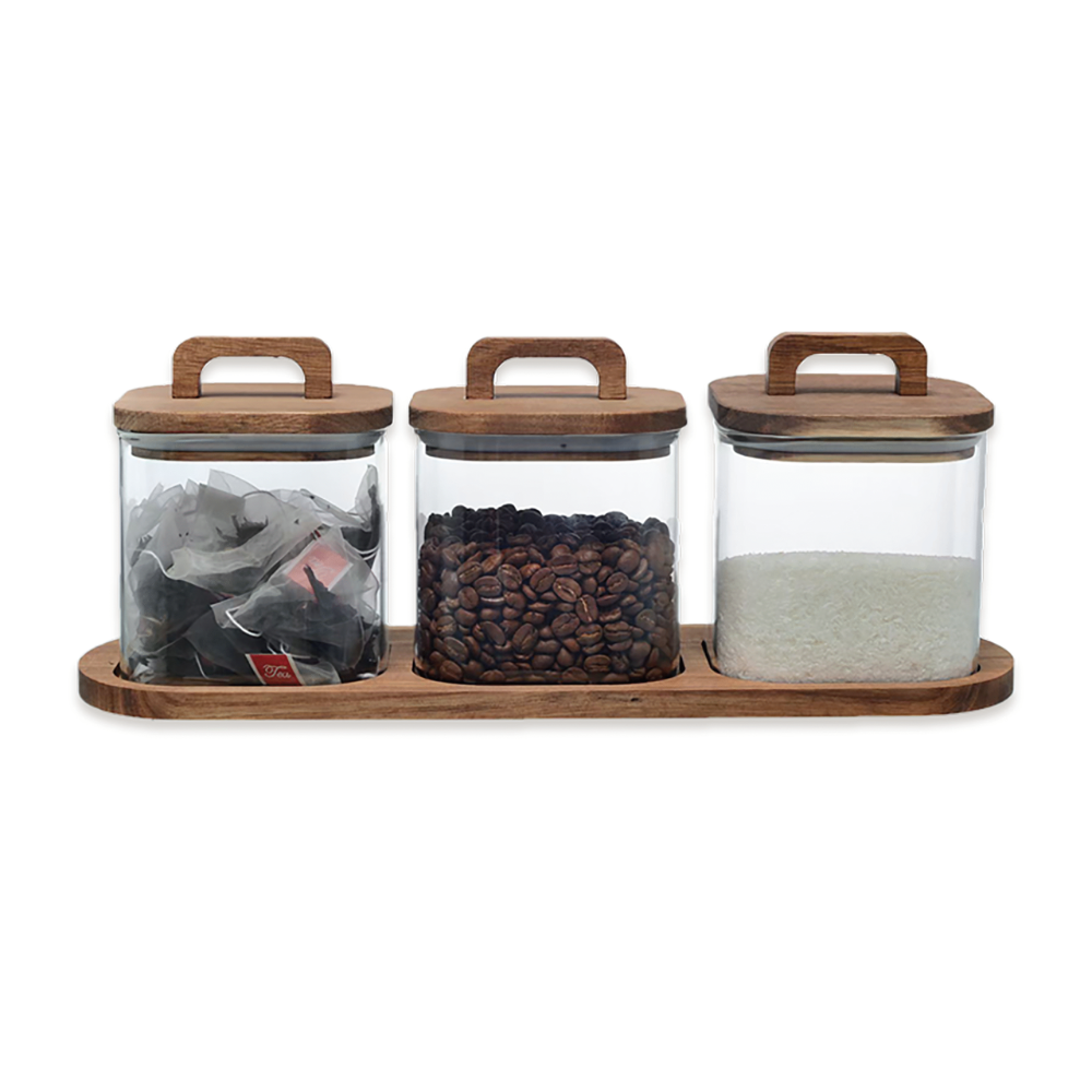 סט קפה תה סוכר עץ מרובע