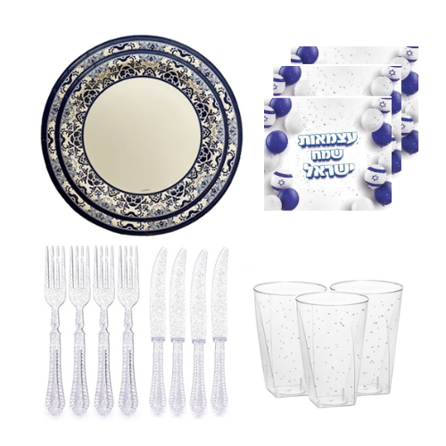 חבילת אירוח יווני עצמאות 18 סועדים - כחול ניצוצות כסף