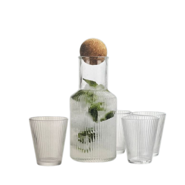 קנקן שתייה זכוכית מכסה שעם עגול + 4 כוסות - שקוף