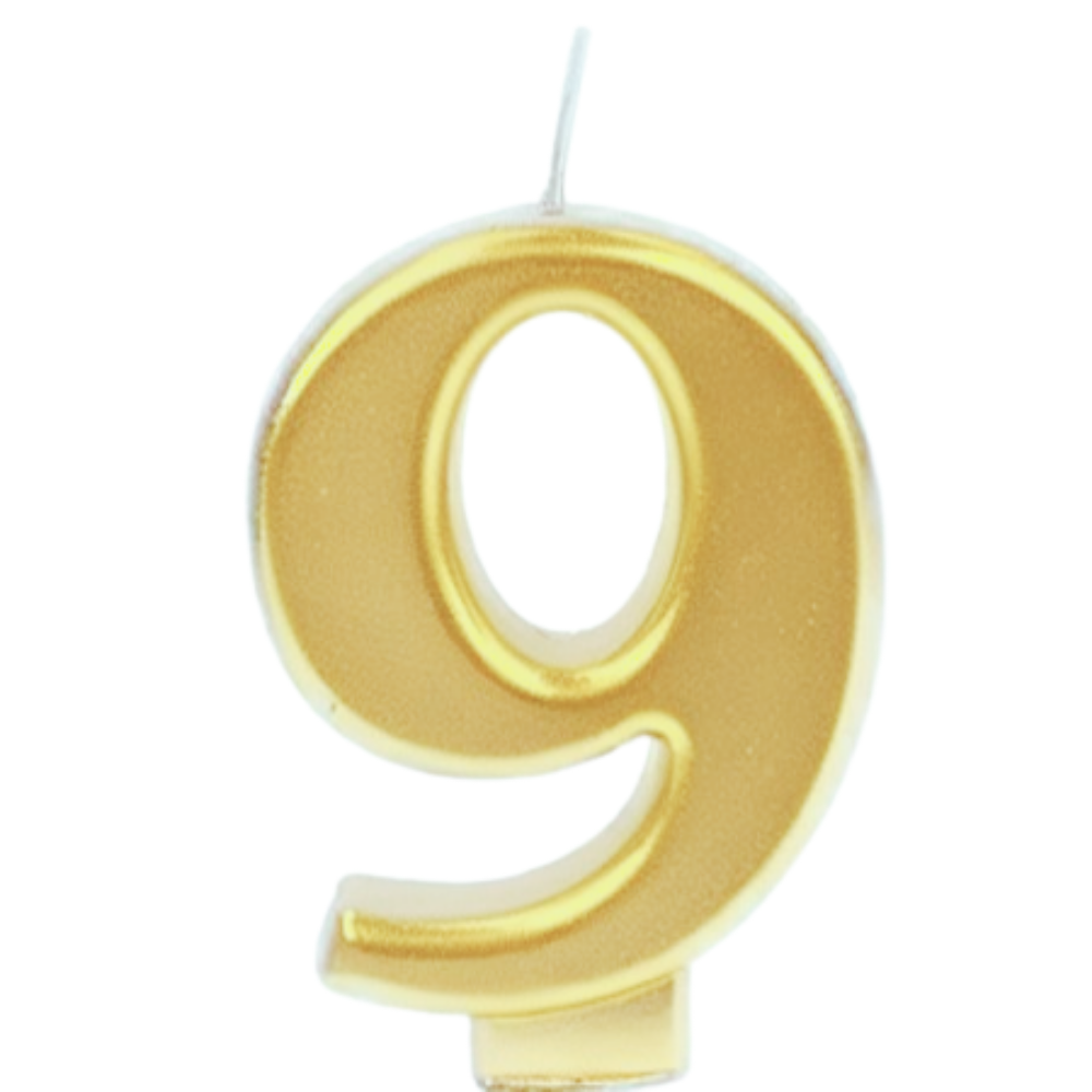 נר יום הולדת מספר 9 מטאלי גדול - זהב