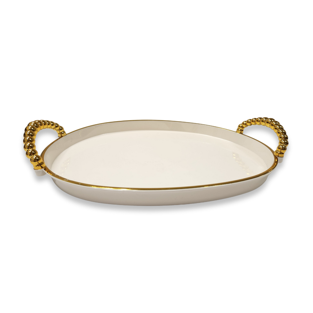 מגש אקריליק אובלי קטן עם ידיות - קרם זהב