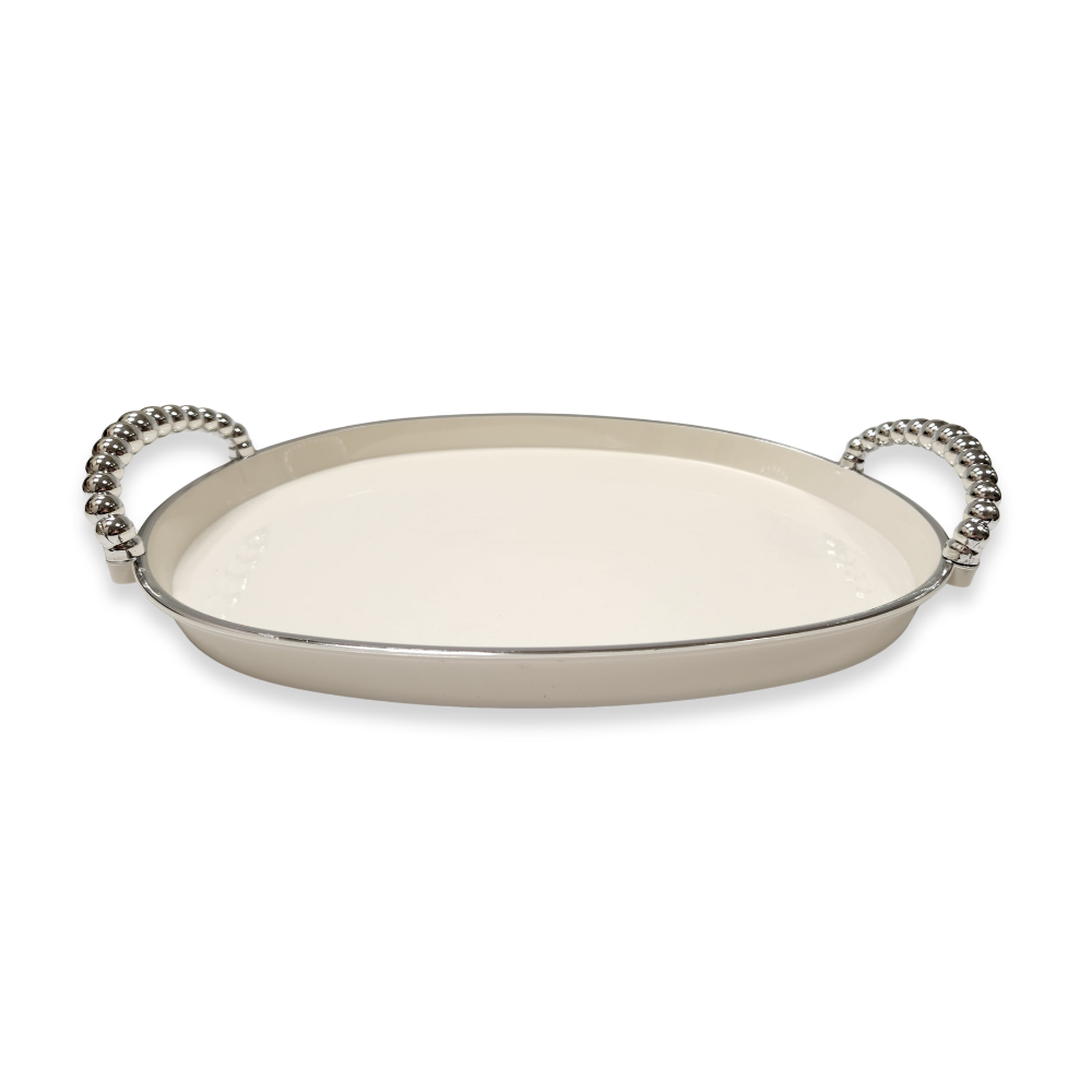 מגש אקריליק אובלי קטן עם ידיות - קרם כסף