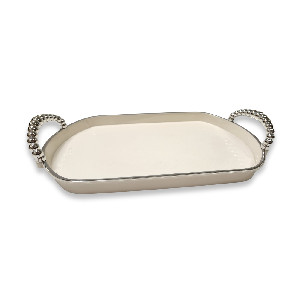 מגש אקריליק מעוגל קטן עם ידיות - קרם כסף 