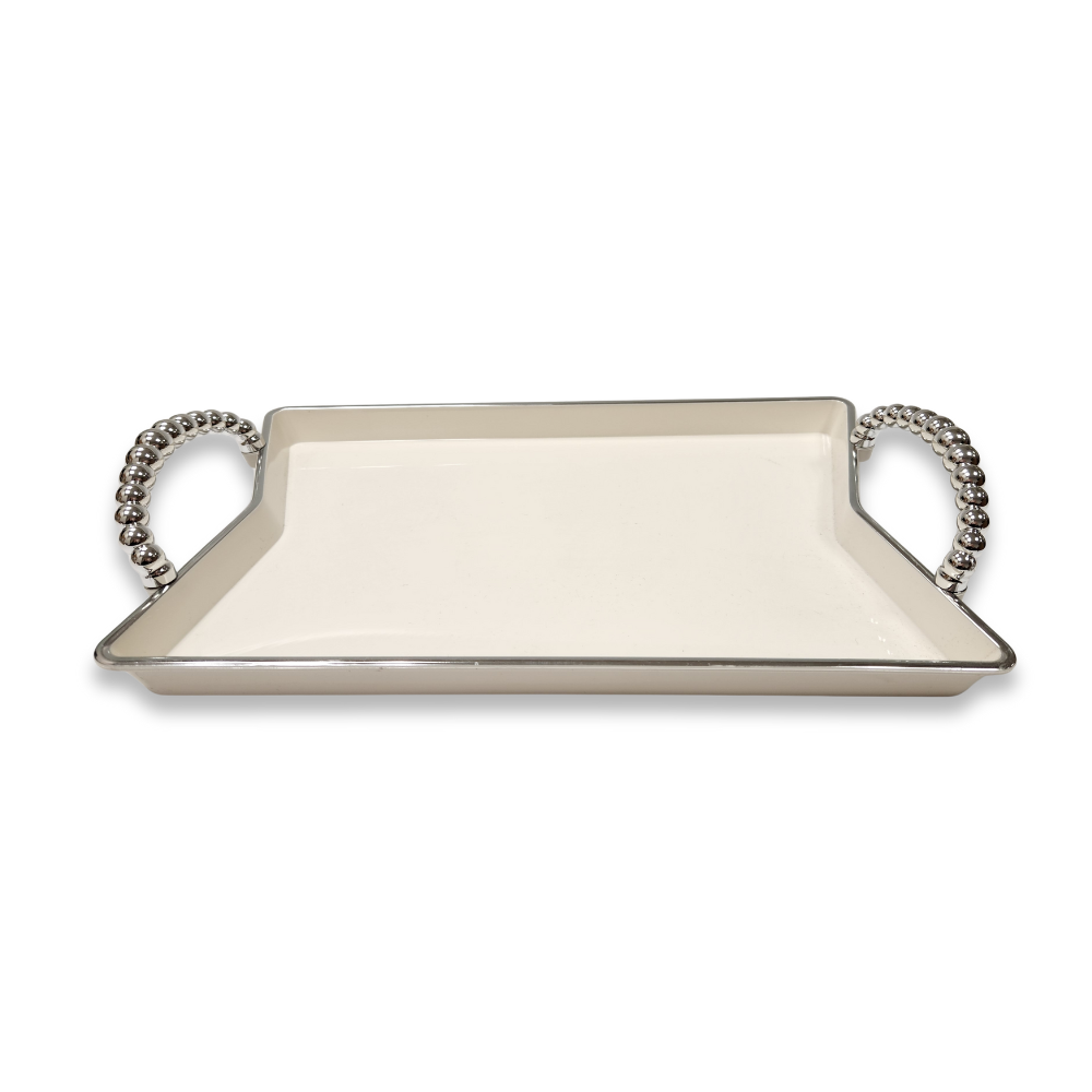 מגש אקריליק מעוין עם ידיות קטן - קרם כסף