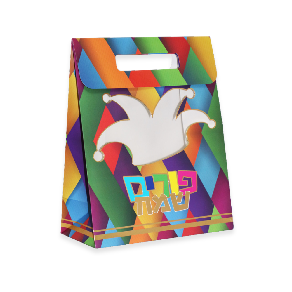 שקית קרטון למשלוח מנות עם חלון כובע ליצן - צבעוני