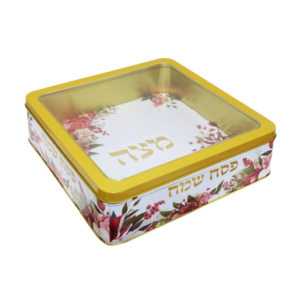 קופסת פח למצות עם מכסה - פרחוני