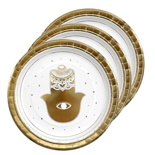 צלחת נייר 9 חמסה 10 יח' - לבן זהב