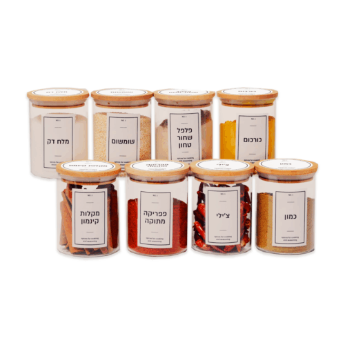 מארז 8 צנצנות תבלינים מזכוכית מכסה עץ