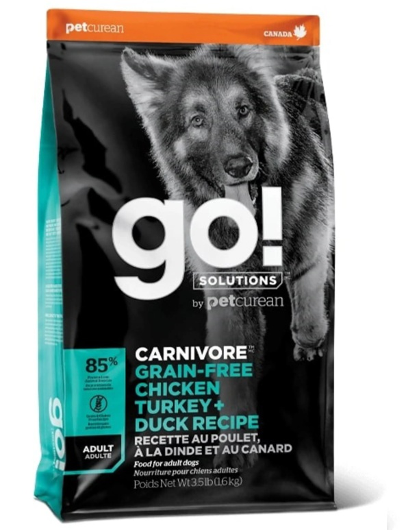 גו! מזון לכלב בוגר קרניבור נטול דגנים עוף הודו וברווז
