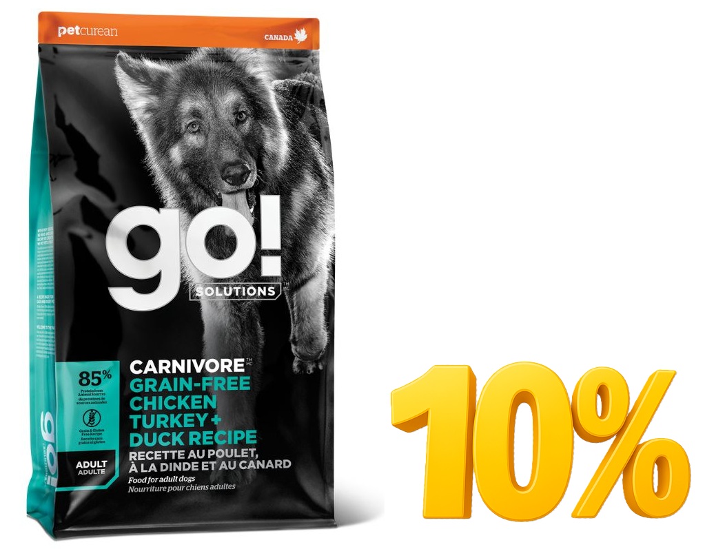 מבצע! גו! לכלב בוגר קרניבור נטול דגנים עוף הודו וברווז 9.98ק"ג ב-10% הנחה! 