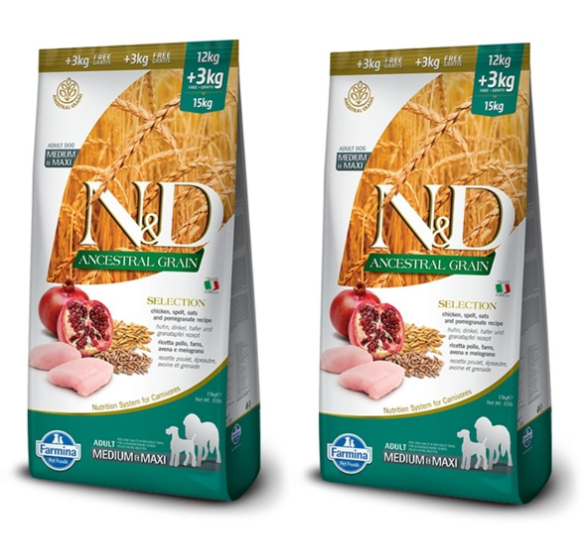 2 שקי ND אנסס סלקשן מזון לכלב בוגר בינוני\גדול עוף ורימון 15ק"ג כל שק