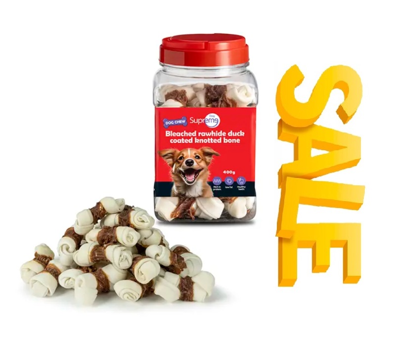 מבצע! 2 צנצנות חטיפי סופרים עצם קשר מצופה ברווז לכלבים ב-99₪! 