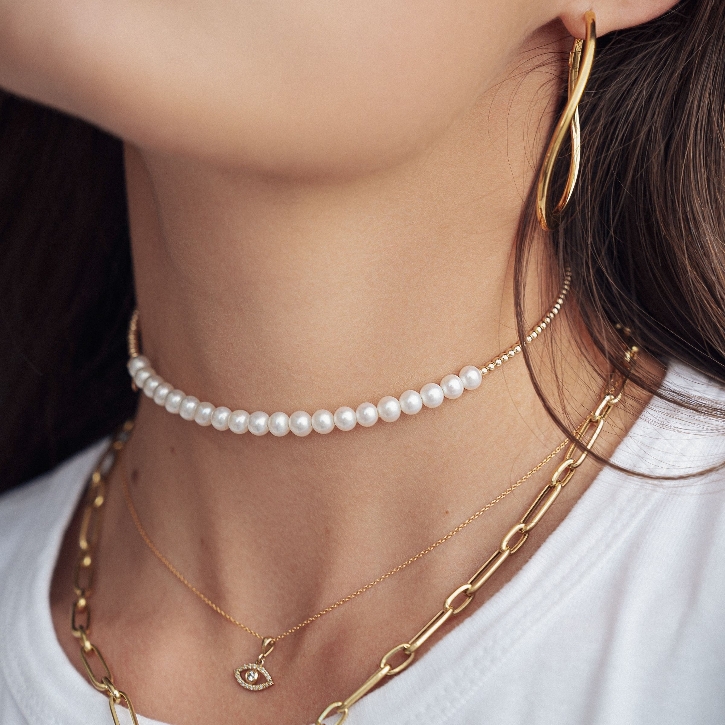 שרשרת צ'וקר זהב בשילוב פנינים