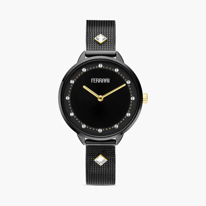שעון FERRARI עם לוח שחור משובץ אבני חן