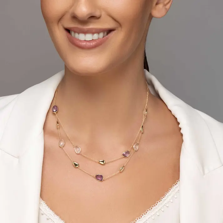 שרשרת זהב מעוטרת באבני אמטיסט ורוז קוורץ