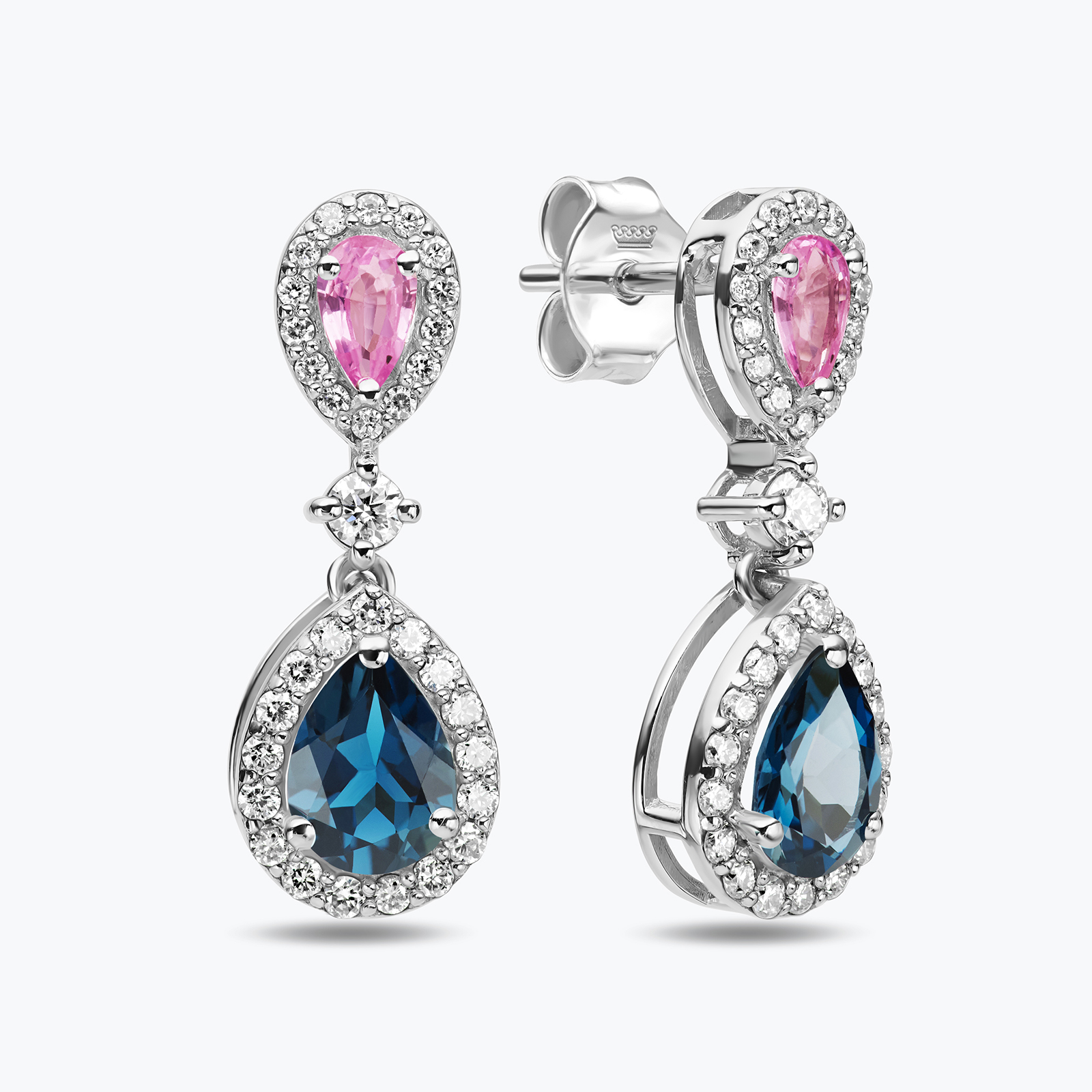 עגילי זהב עם שתי טיפות של בלו לונדון וספיר ורוד מוקפות יהלומים