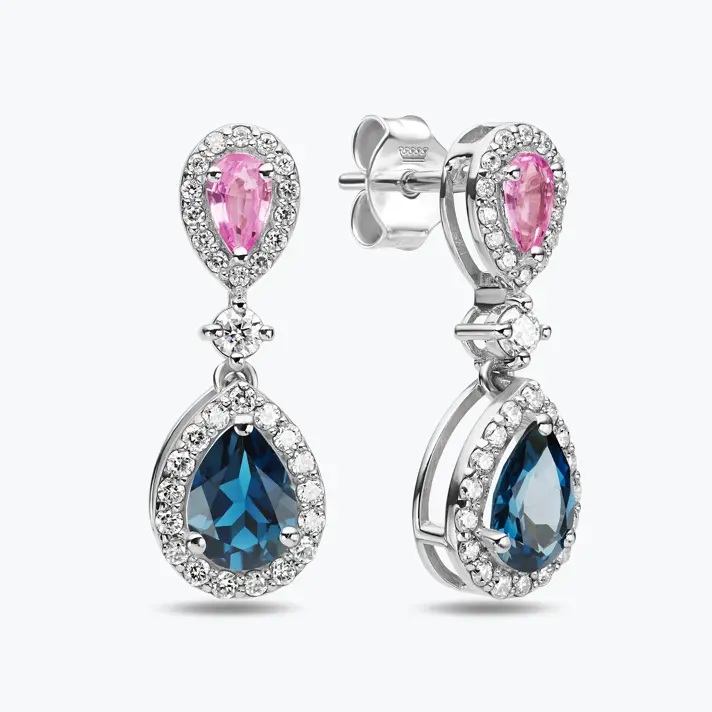 עגילי זהב עם שתי טיפות של בלו לונדון וספיר ורוד מוקפות יהלומים