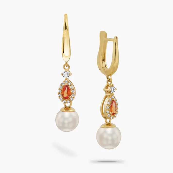 עגילי טיפה בשילוב יהלומים, ספירים ופנינים