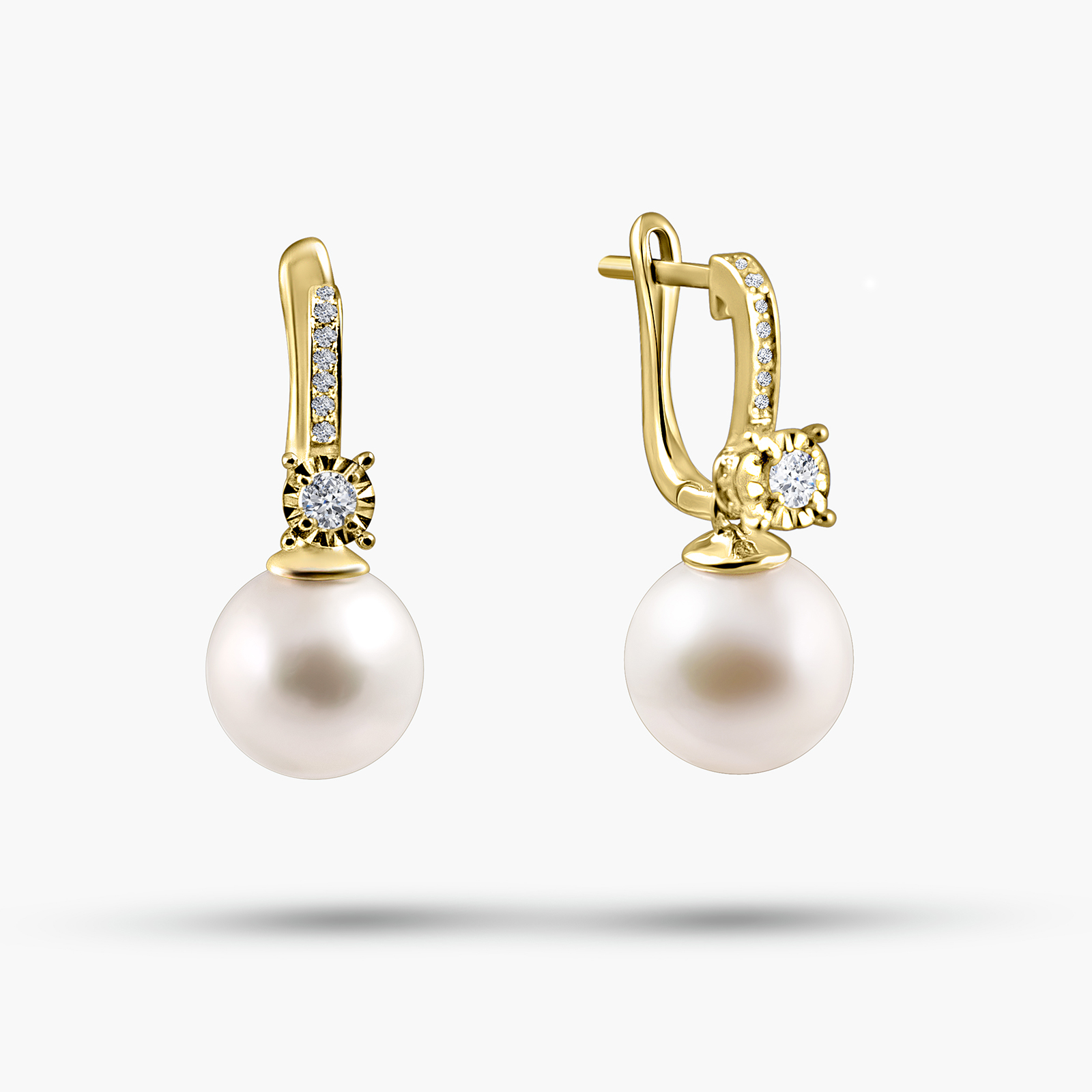 עגילי זהב 14K עם פנינים ויהלומים