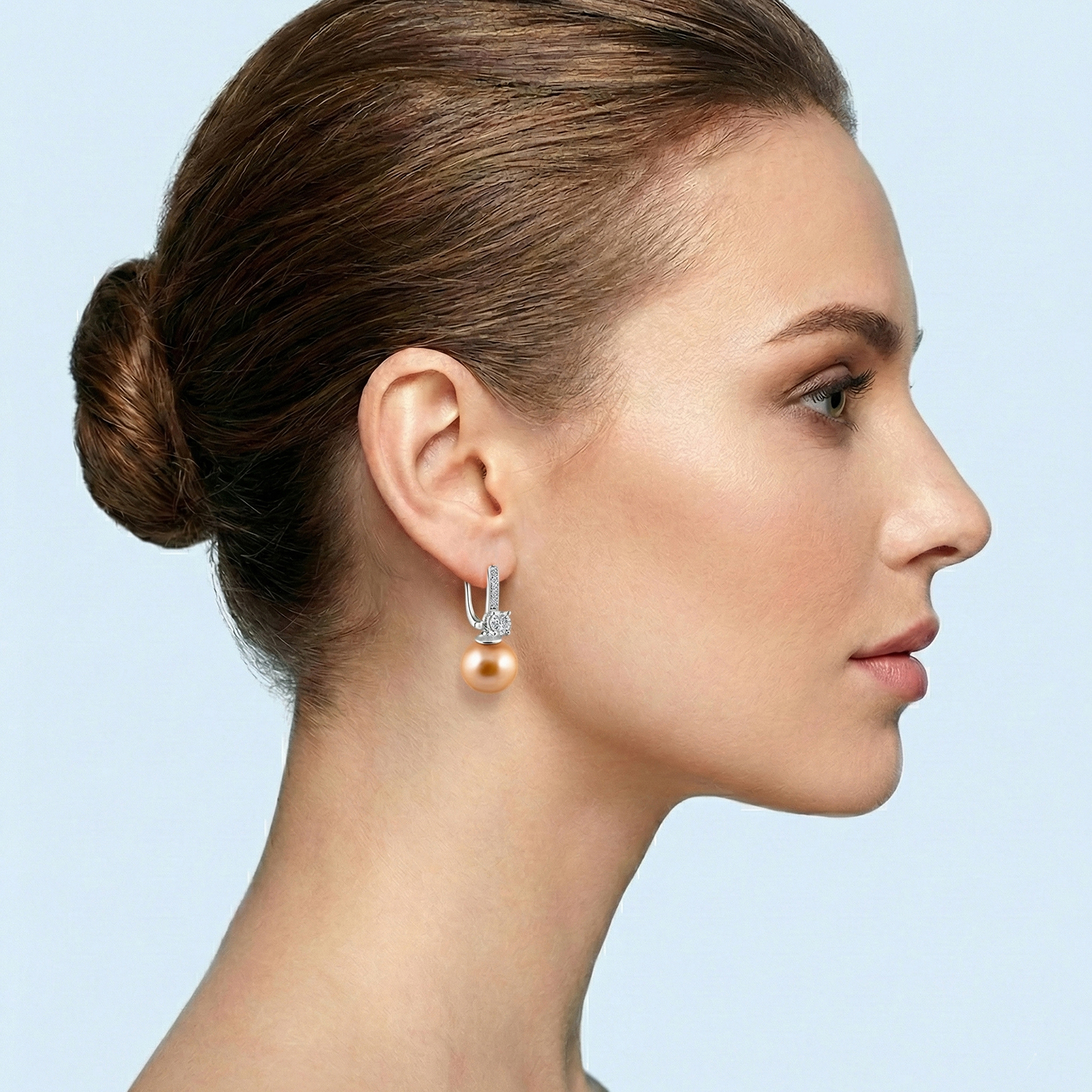 עגילי זהב 14K עם פנינים ויהלומים