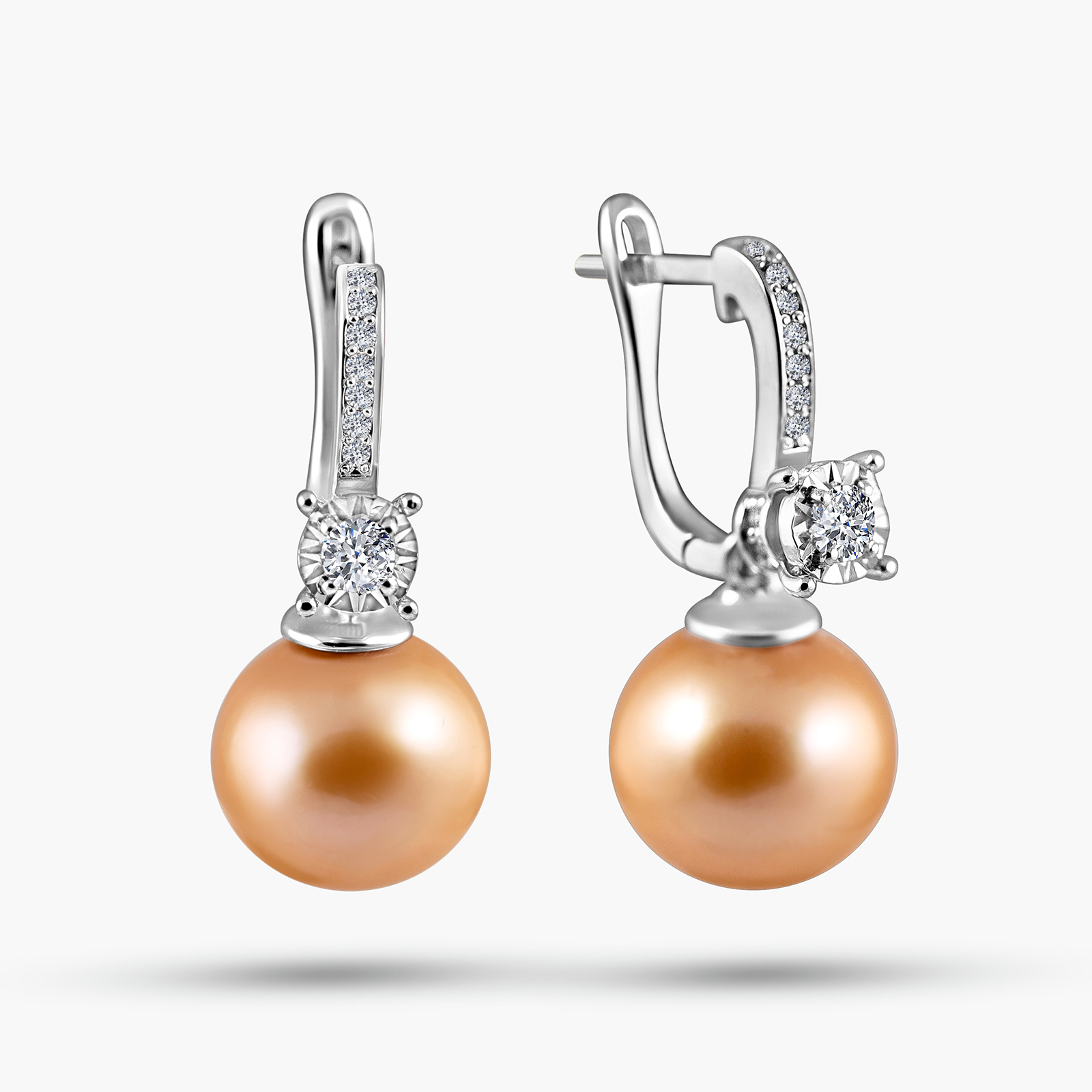 עגילי זהב 14K עם פנינים ויהלומים