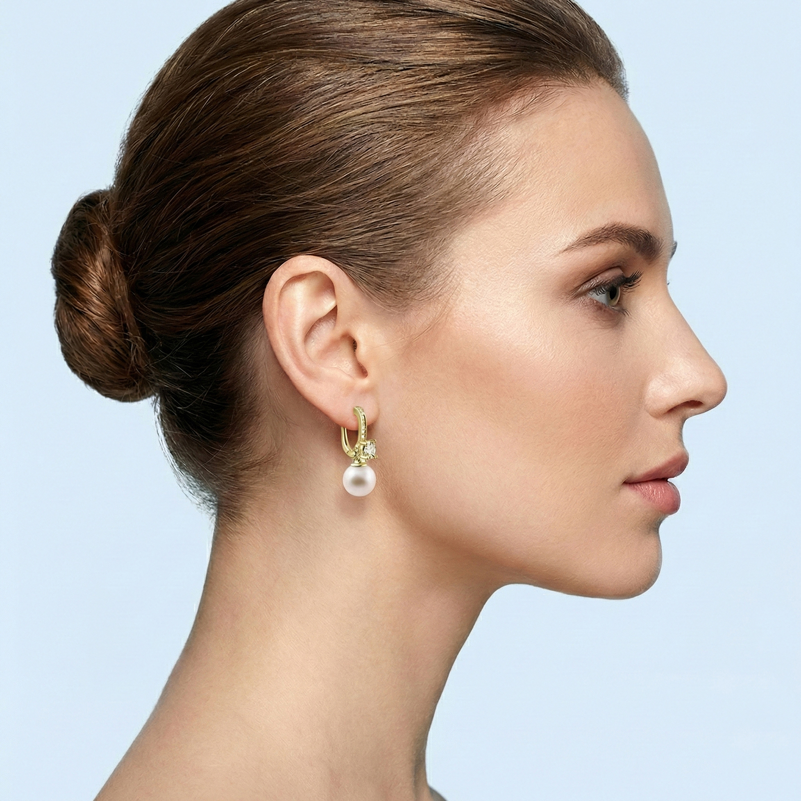 עגילי זהב 14K עם פנינים ויהלומים