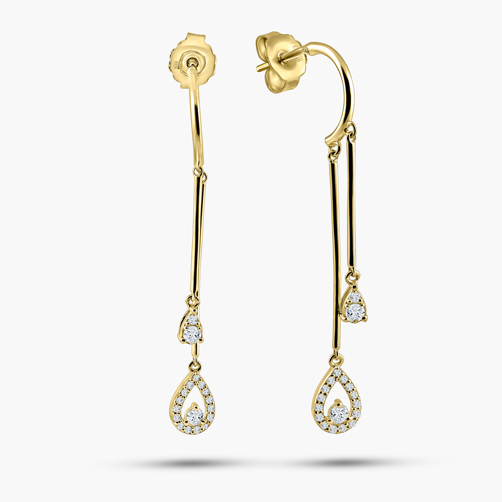 עגילי זהב 14K משובצים יהלומים בעיצוב טיפה תלוי ארוך