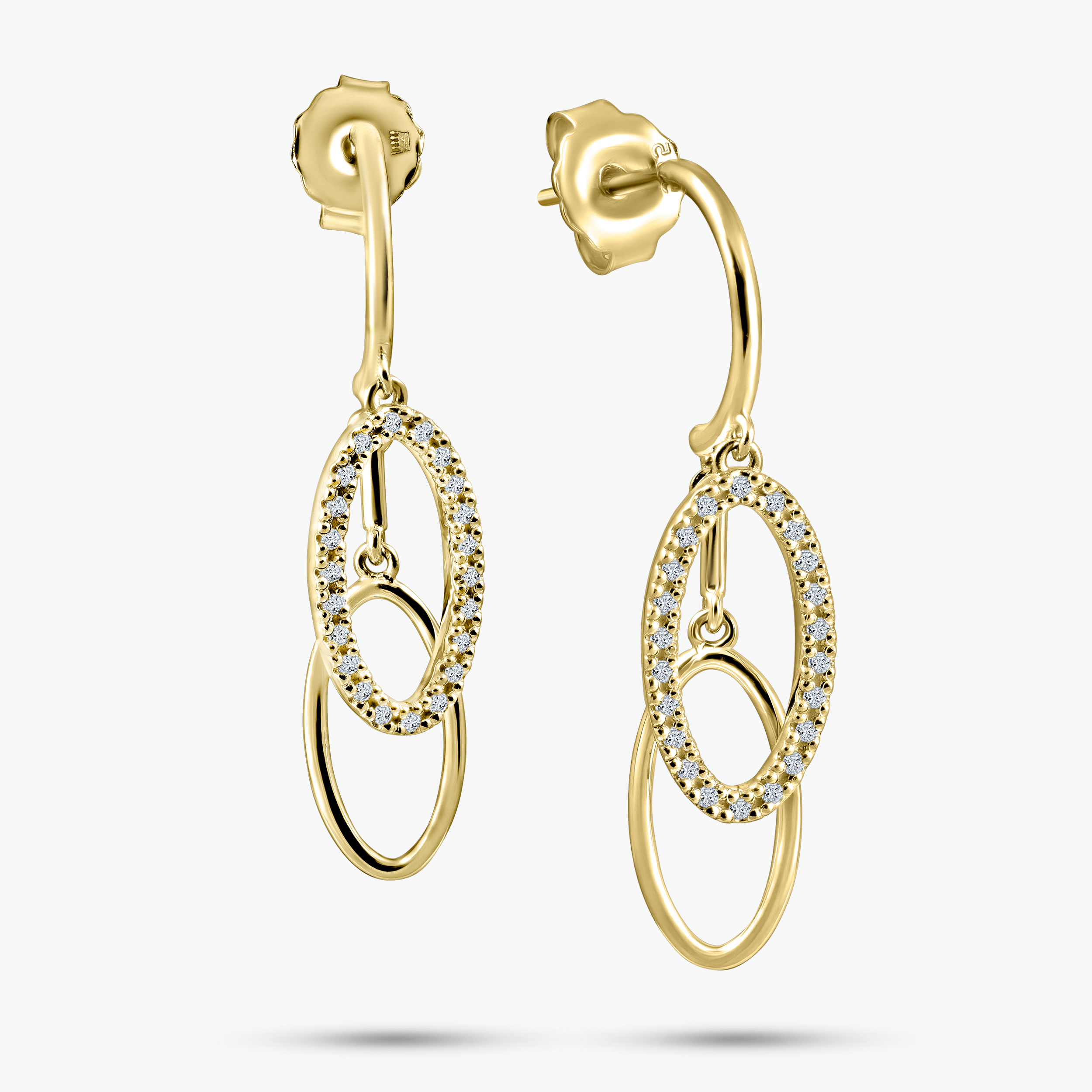 עגילי זהב 14K בעיצוב אובלי כפול משובץ יהלומים