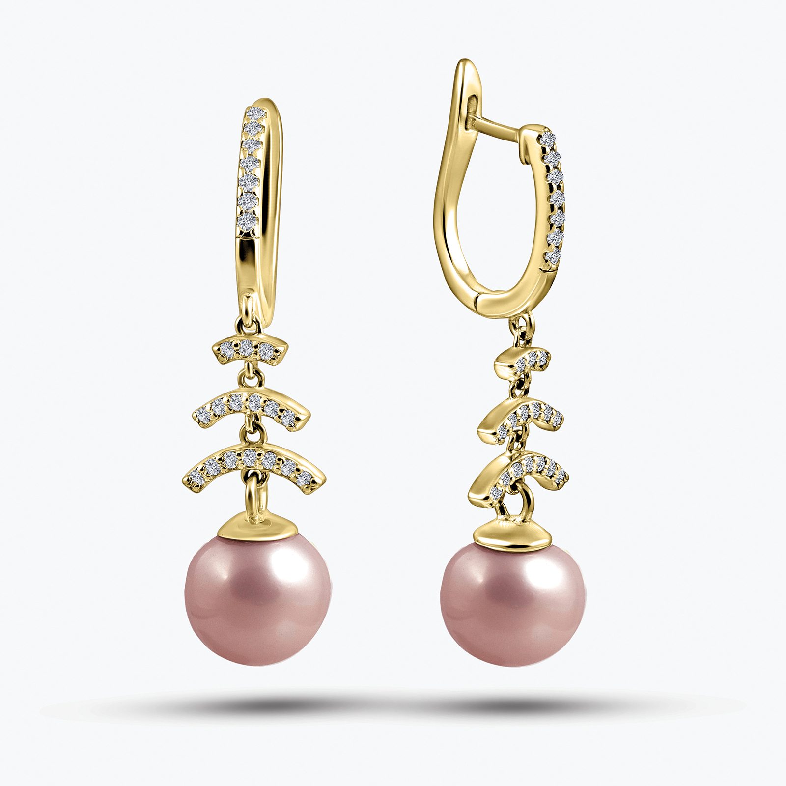 עגילי זהב 14K בשיבוץ יהלומים ופנינה