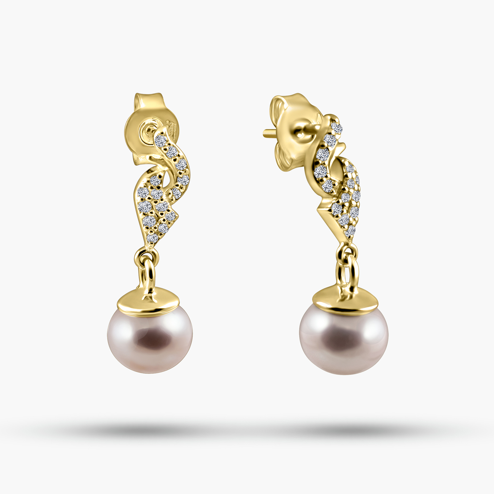 עגילי זהב 14K בעיצוב תלוי עם פנינים ויהלומים