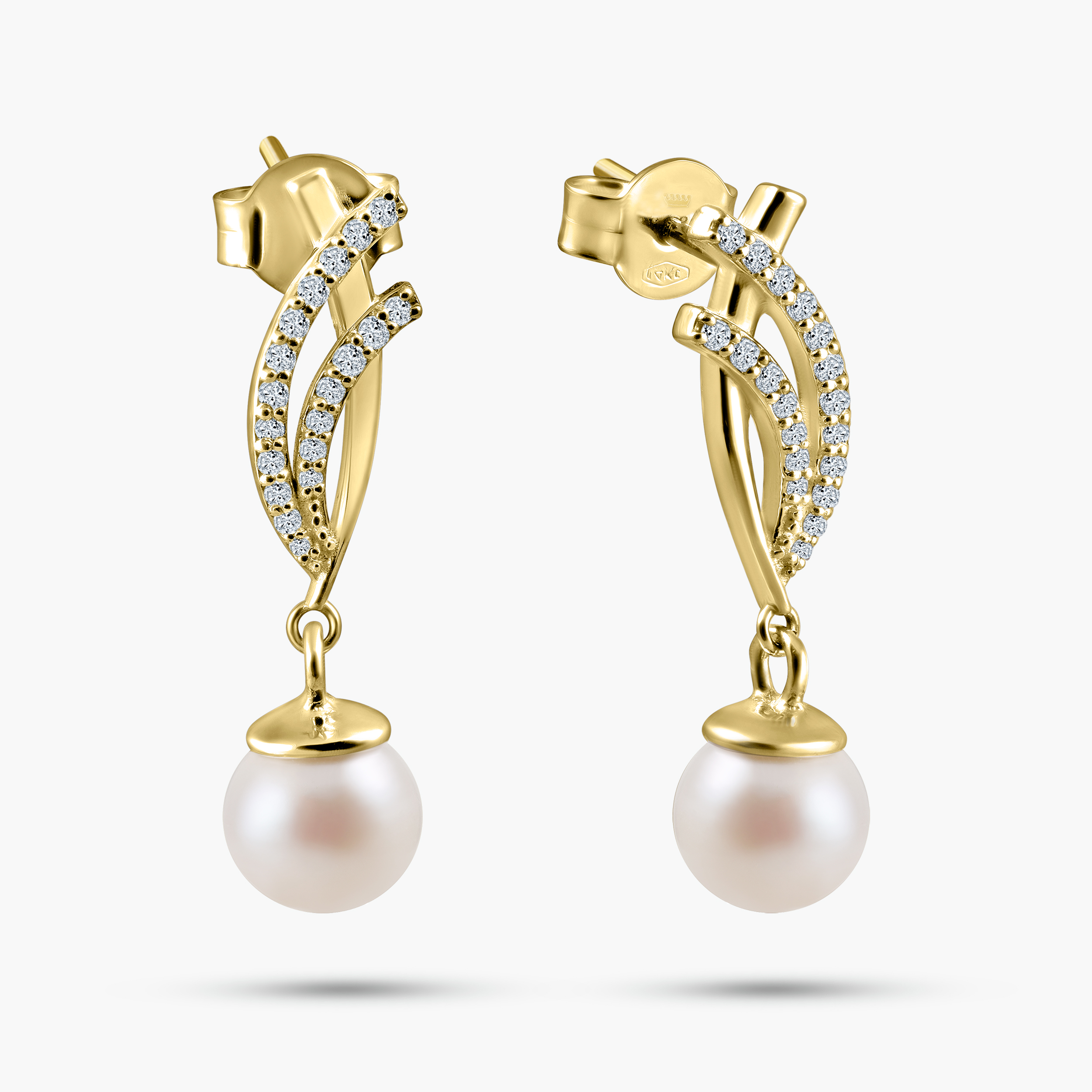 עגילי זהב 14K בשיבוץ יהלומים פנינה