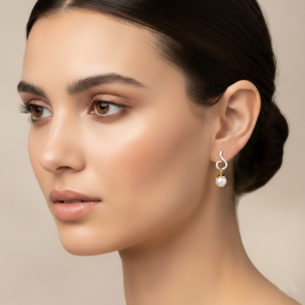 עגילי זהב 14K בשיבוץ פנינה ויהלומים