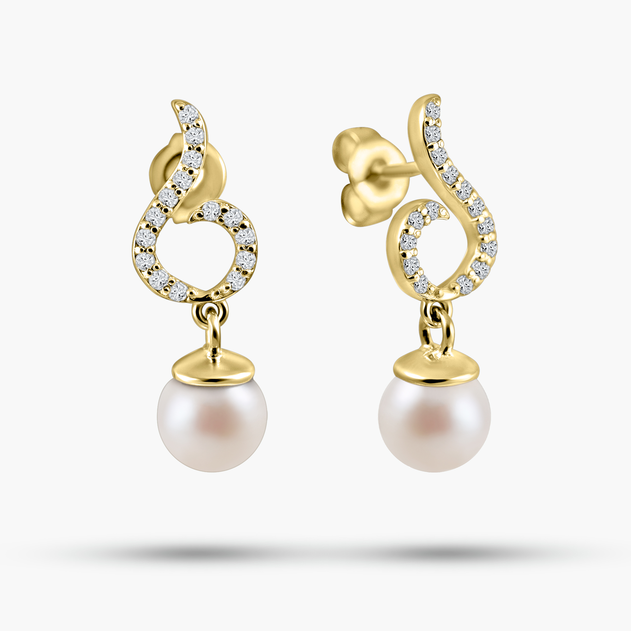 עגילי זהב 14K בשיבוץ פנינה ויהלומים