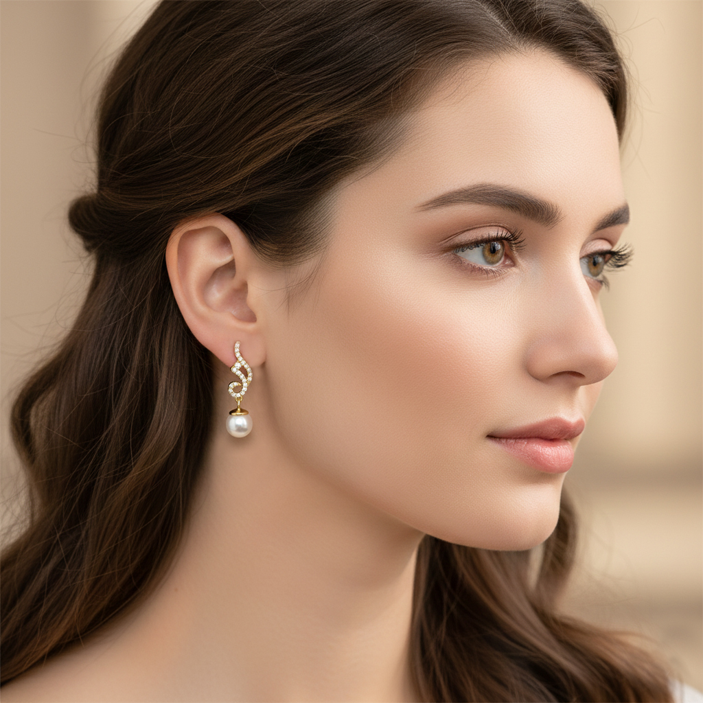 עגילי זהב 14K בעיצוב גל מתפתל עם פנינה ויהלומים