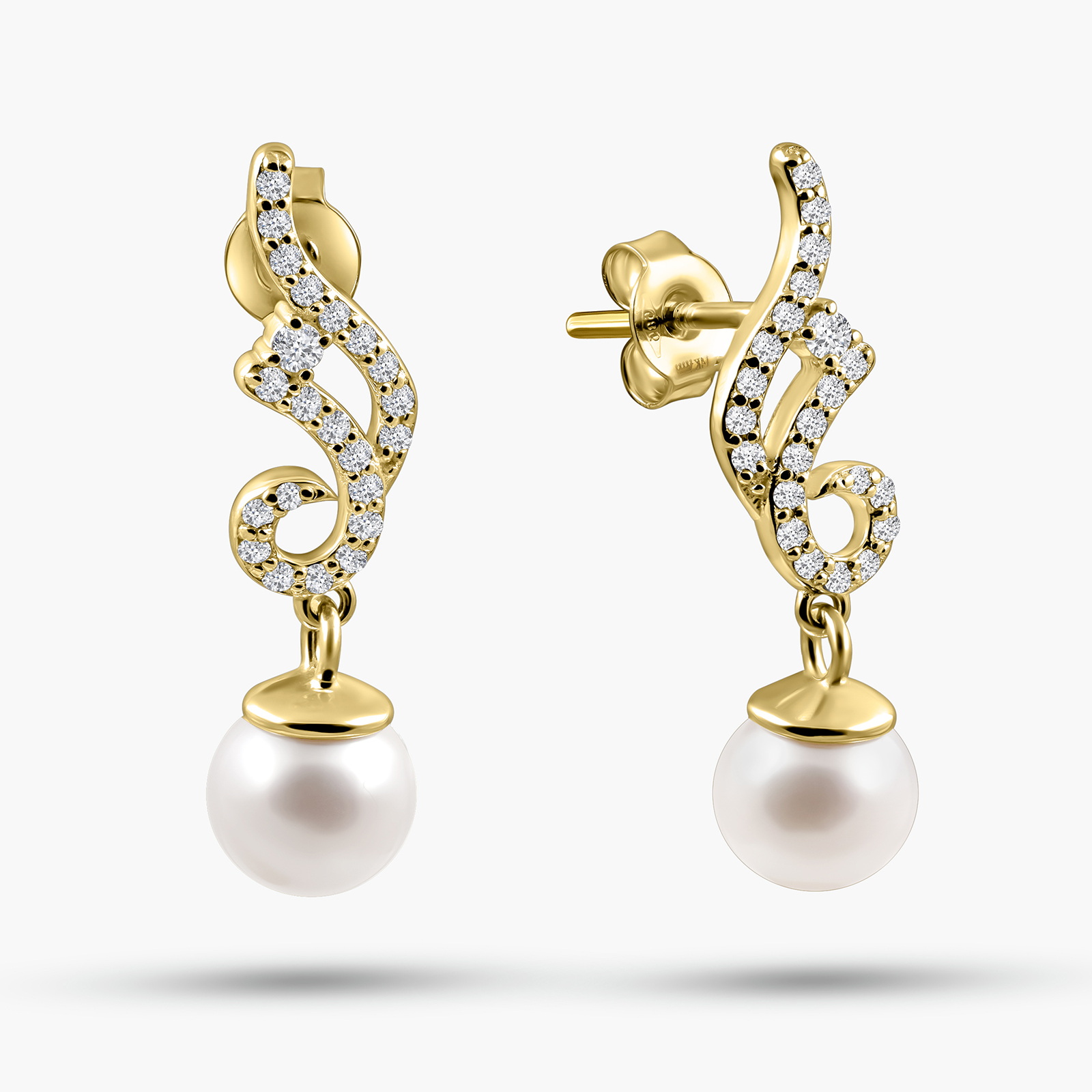 עגילי זהב 14K בעיצוב גל מתפתל עם פנינה ויהלומים