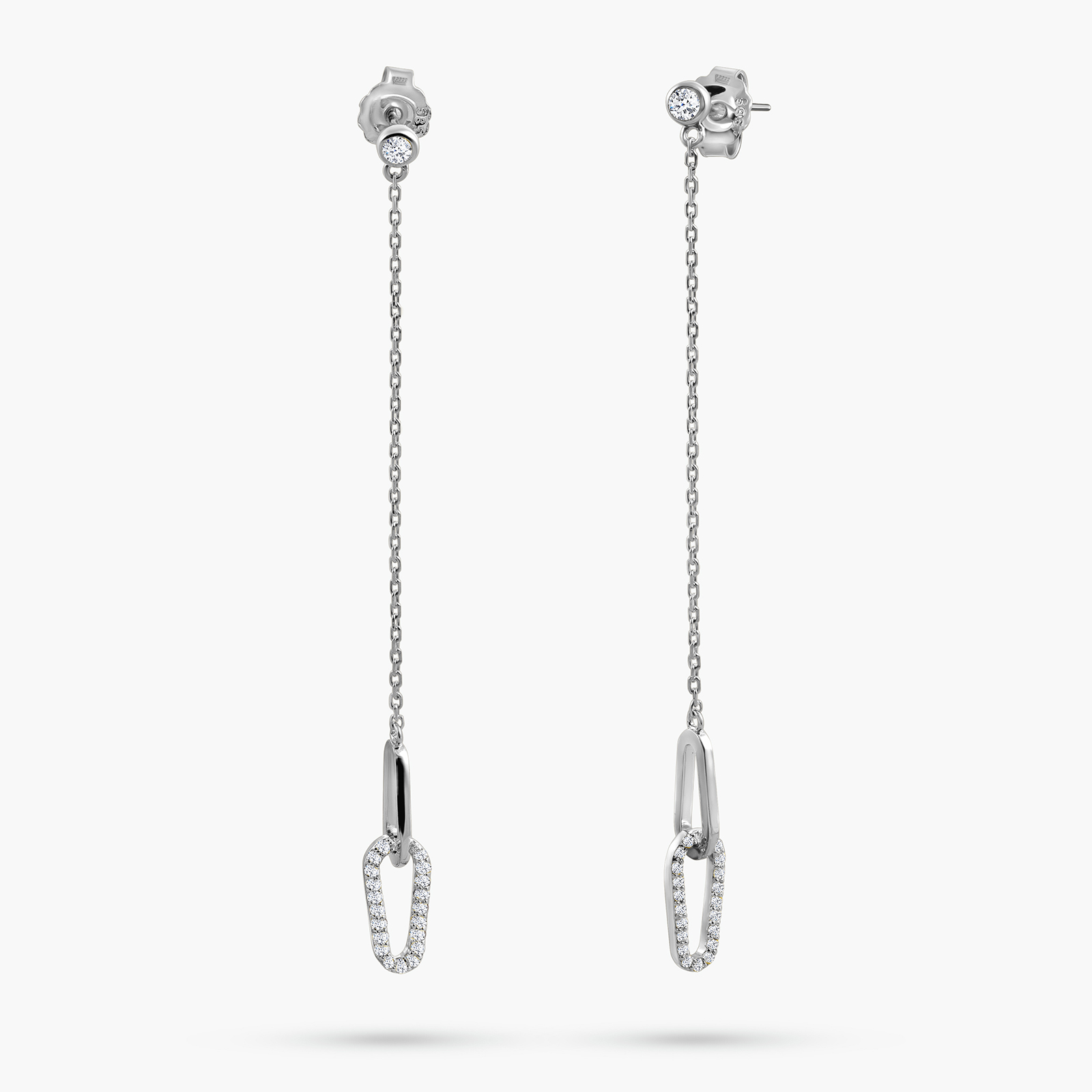 עגילי זהב לבן 14K משובצים יהלומים עם שרשרת ותליון חוליה