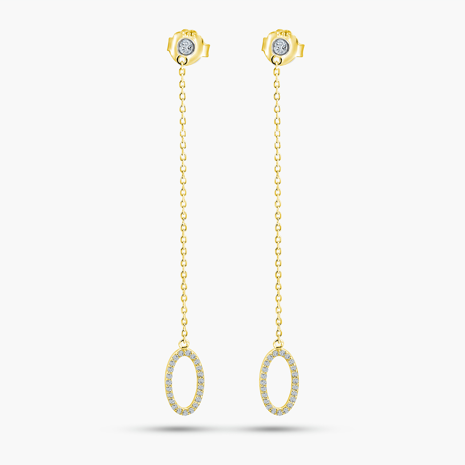 עגילי זהב 14K משובצים יהלומים בעיצוב אובל תלוי ארוך