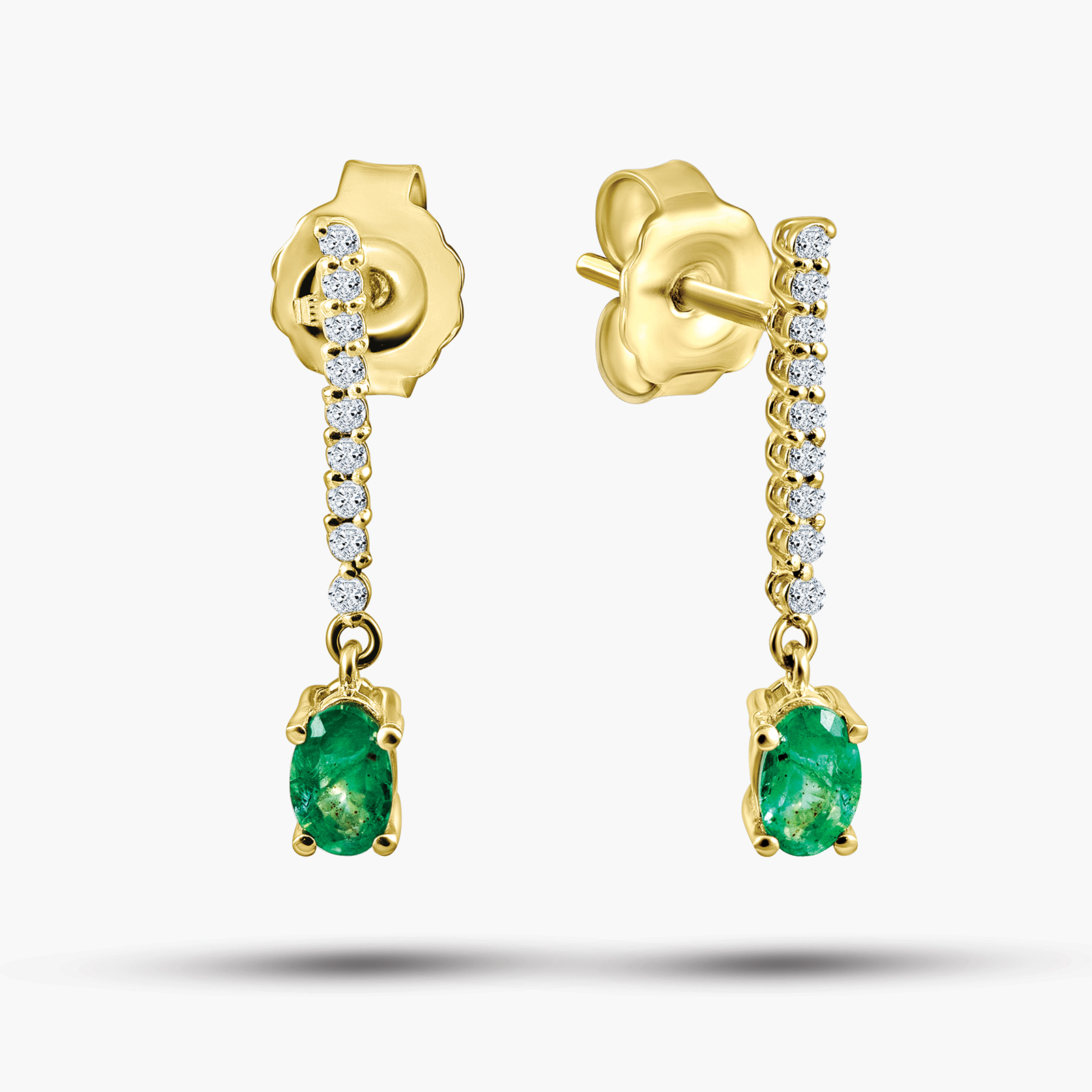 עגילי זהב 14K משובצים יהלומים ואמרלד בעיצוב תלוי