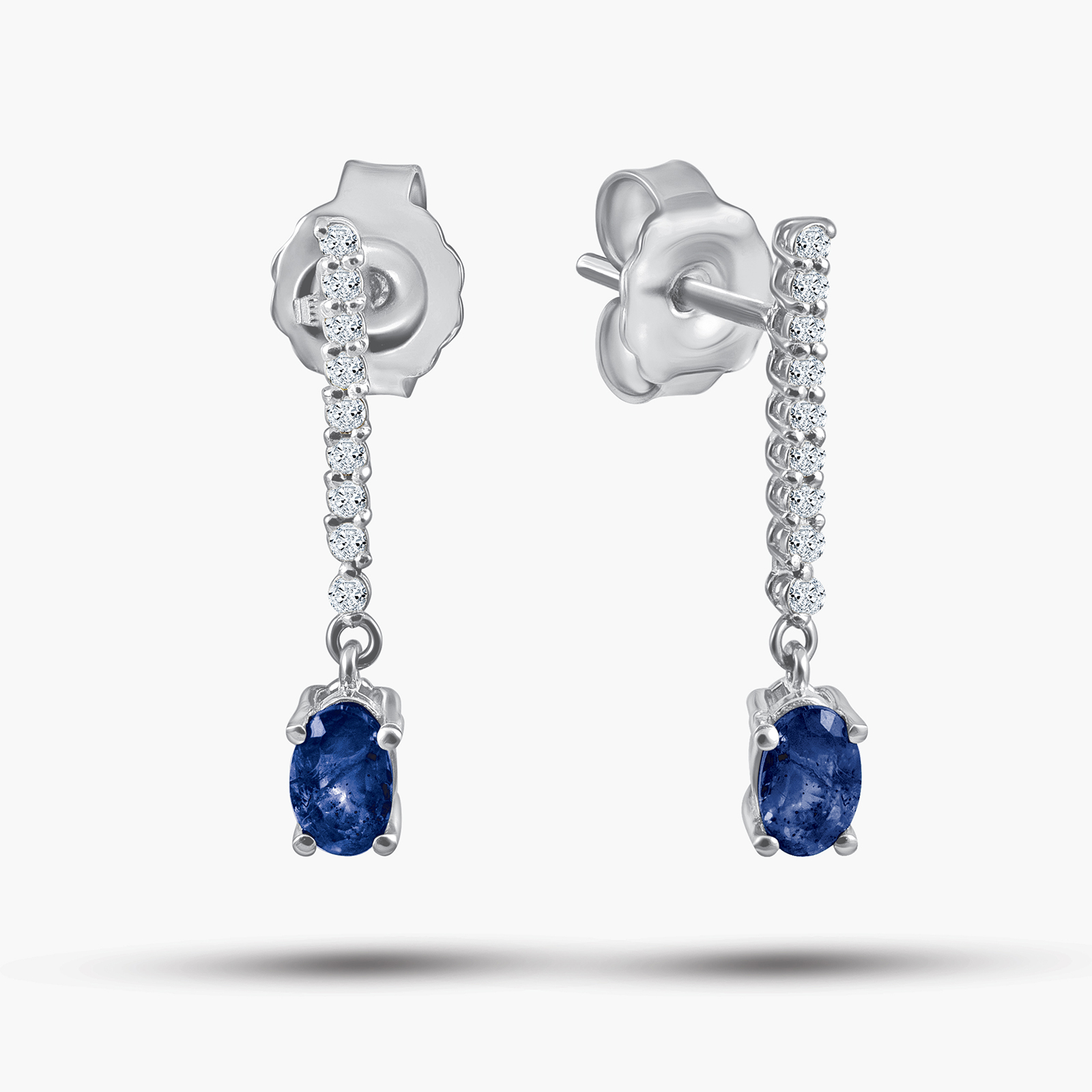 עגילי זהב 14K משובצים יהלומים ואבני ספיר בעיצוב תלוי