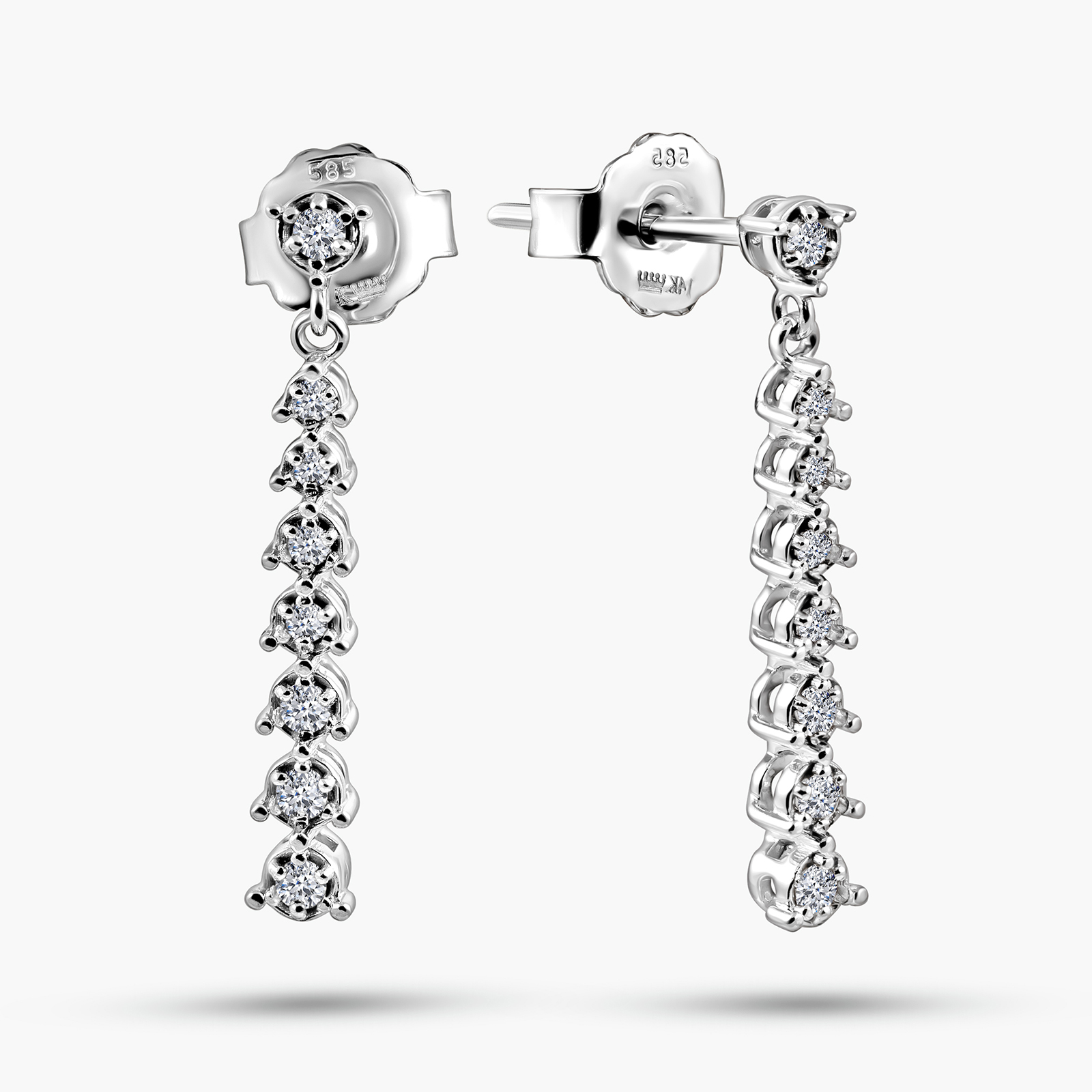 עגילי זהב לבן 14K משובצים יהלומים בתלייה ישרה