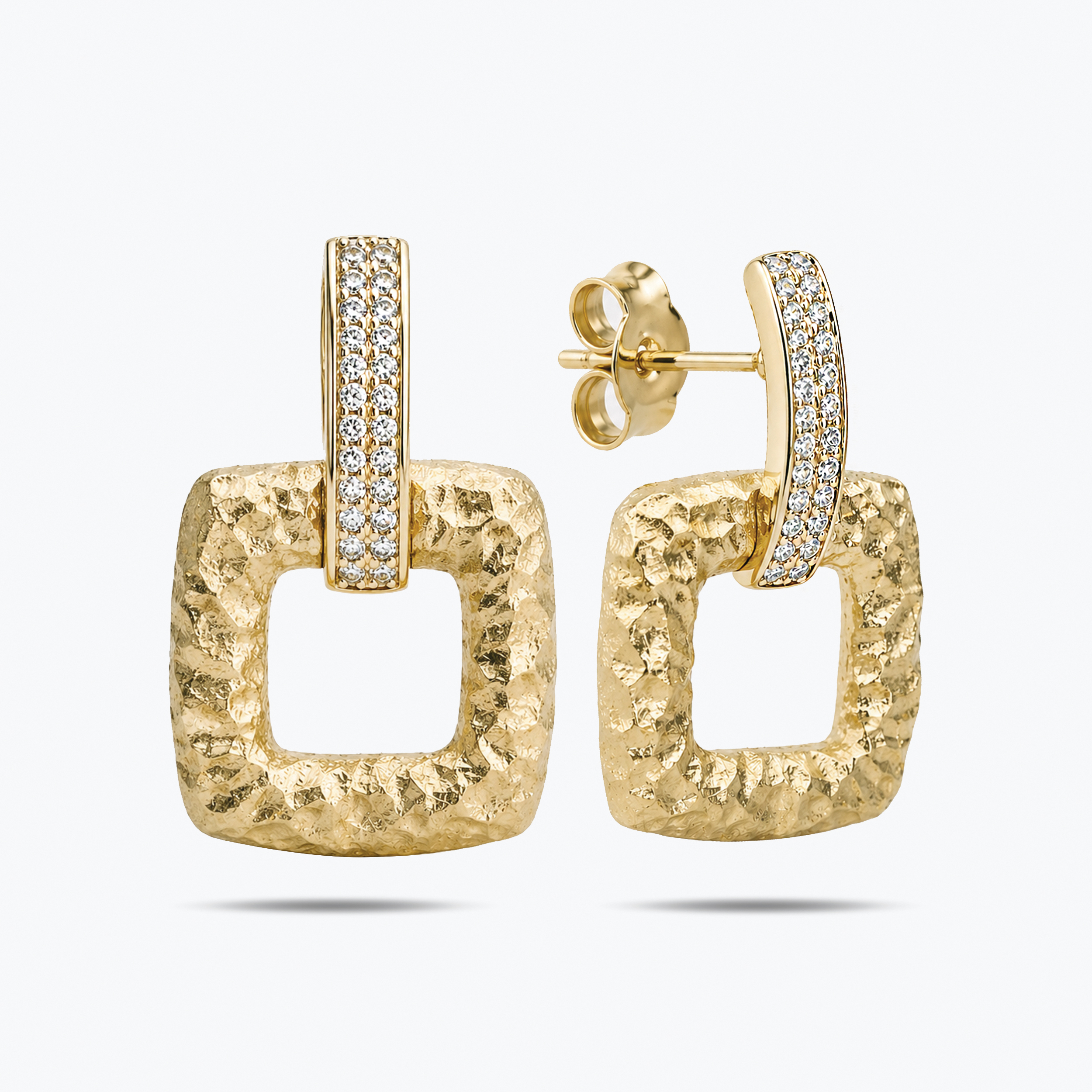 עגילי זהב 14K משובצים יהלומים מקולקציית NATURA בטקסטורה מרוקעת