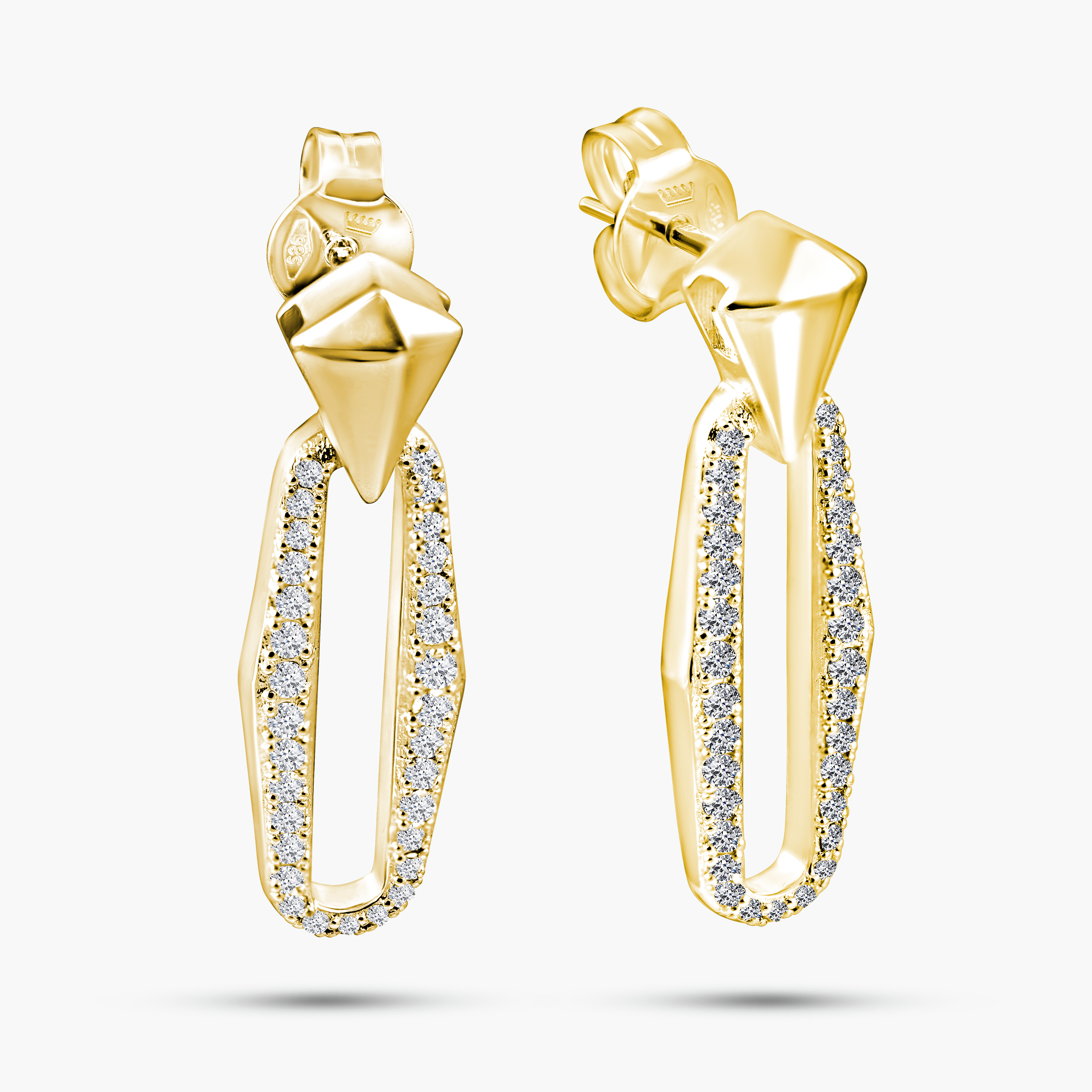 עגילי זהב 14K משובצים יהלומים עם אלמנט גאומטרי