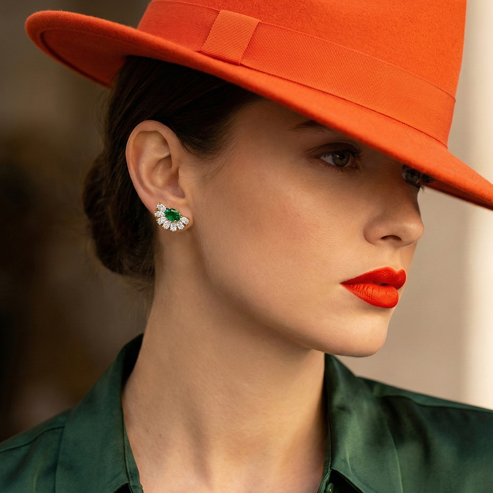 עגילי זהב 14K בעיצוב מניפה עם אמרלד ויהלומי מעבדה 8*8 מלימטר